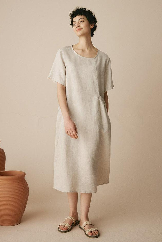 100% Linen Pocket Caftan Midi-Dress ESME - DRESSES-Linen Maxi
