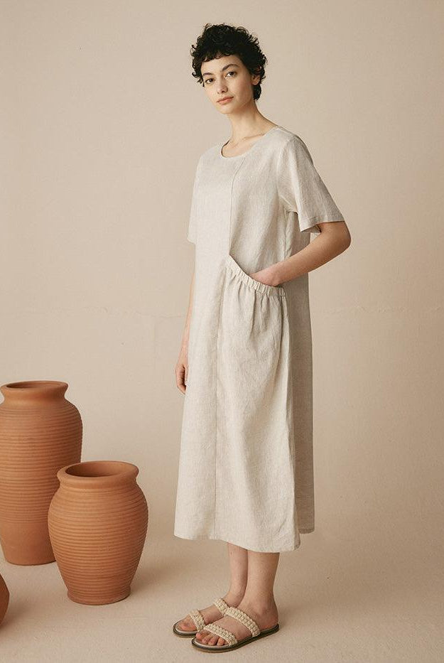 100% Linen Pocket Caftan Midi-Dress ESME - DRESSES-Linen Maxi