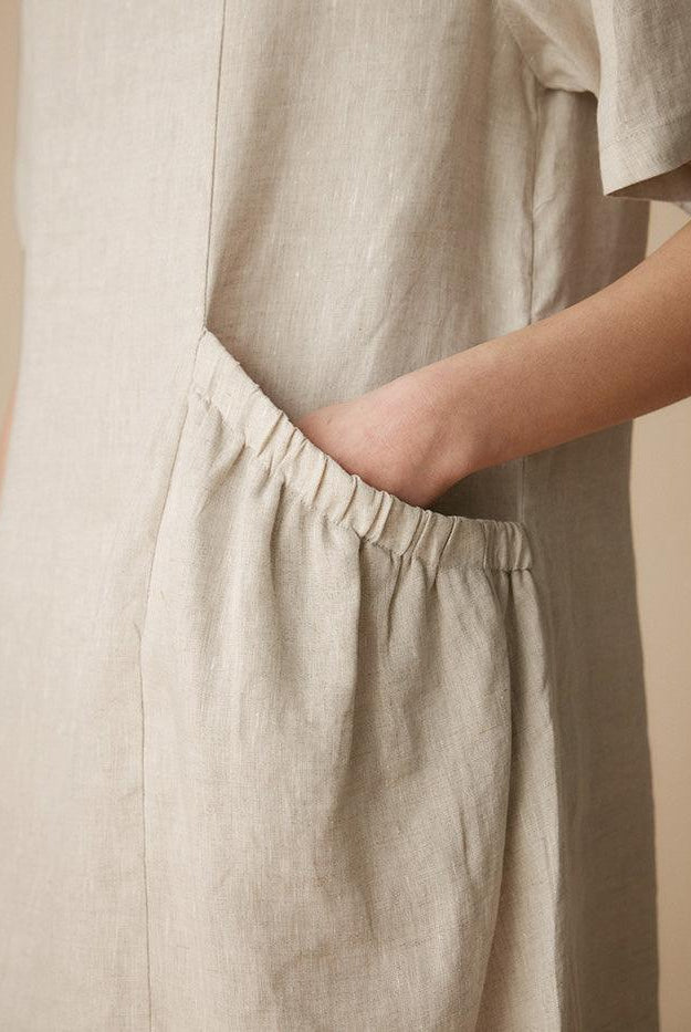 100% Linen Pocket Caftan Midi-Dress ESME - DRESSES-Linen Maxi