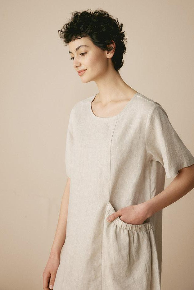 100% Linen Pocket Caftan Midi-Dress ESME - DRESSES-Linen Maxi
