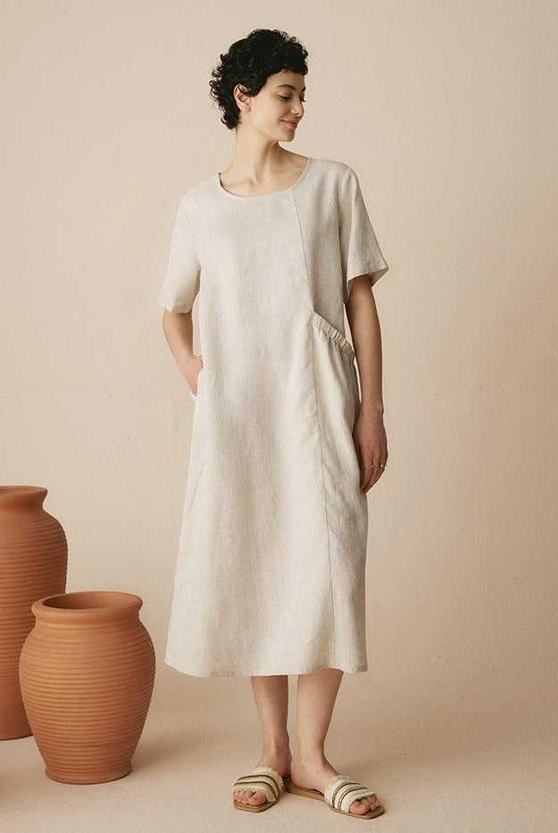 100% Linen Pocket Caftan Midi-Dress ESME - Grayish White / S - DRESSES-Linen Maxi