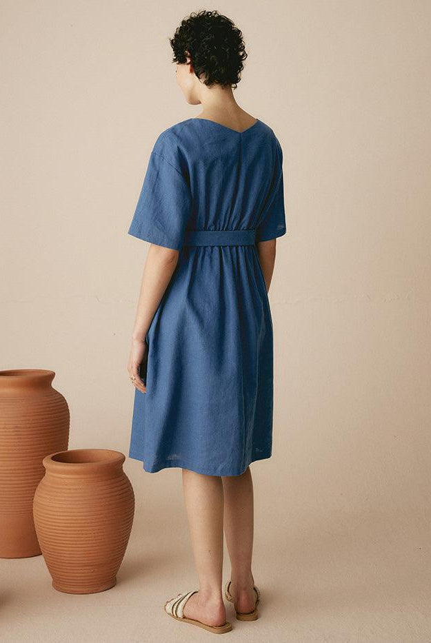 Linen V-Neck Belted Dress SERENA - DRESSES-Linen Midi