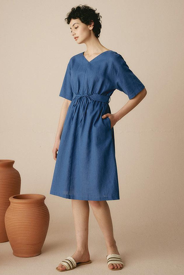 Linen V-Neck Belted Dress SERENA - DRESSES-Linen Midi