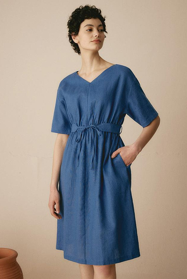 Linen V-Neck Belted Dress SERENA - Sea Blue / S - DRESSES-Linen Midi