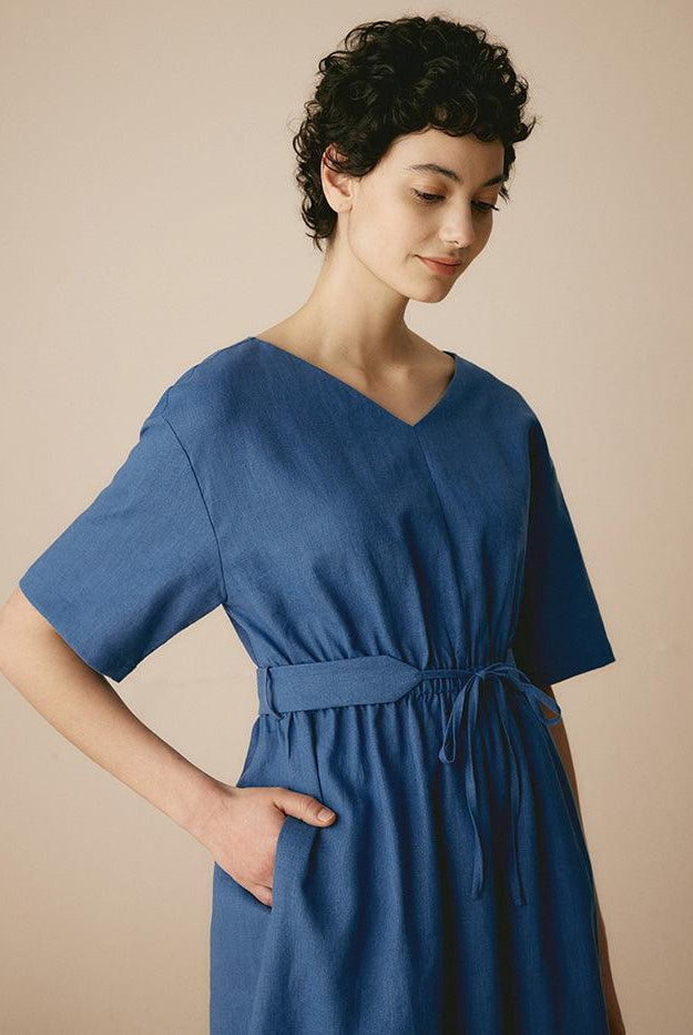 Linen V-Neck Belted Dress SERENA - DRESSES-Linen Midi
