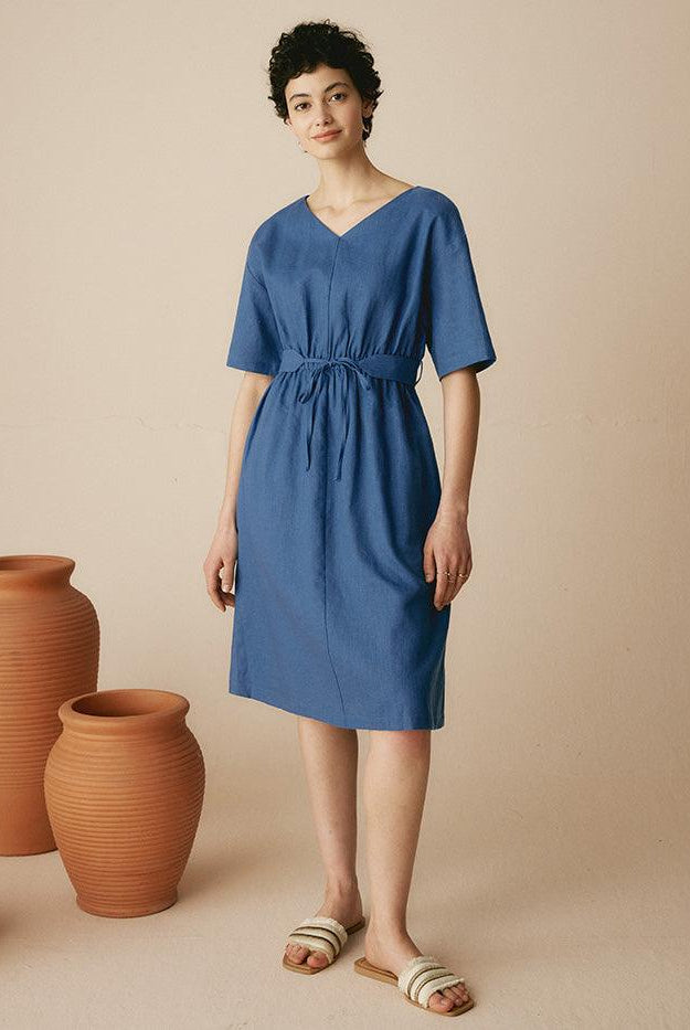 Linen V-Neck Belted Dress SERENA - DRESSES-Linen Midi
