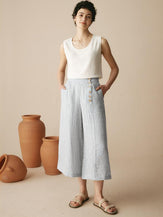 100% Linen Striped Straight-Leg Pants - BOTTOMS-Linen