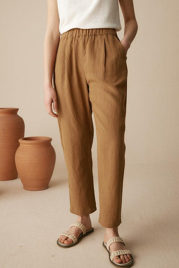 100% Linen Tapered Pants - BOTTOMS-Linen
