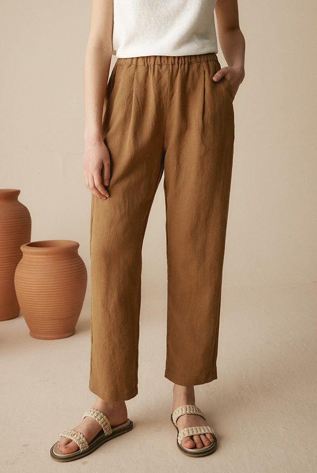 100% Linen Tapered Pants - Cinnamon Brown / S - BOTTOMS-Linen