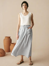 100% Striped Linen Long A-Line Skirt - BOTTOMS-Linen Skirts