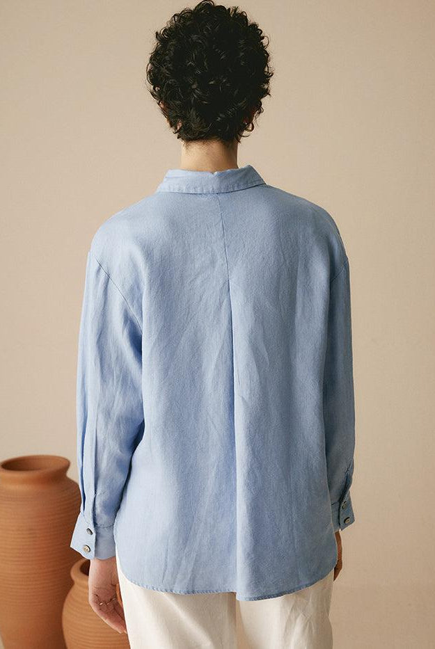 100% Linen Classic Leisure Shirt Azure - TOPS-Linen Button Down Shirts