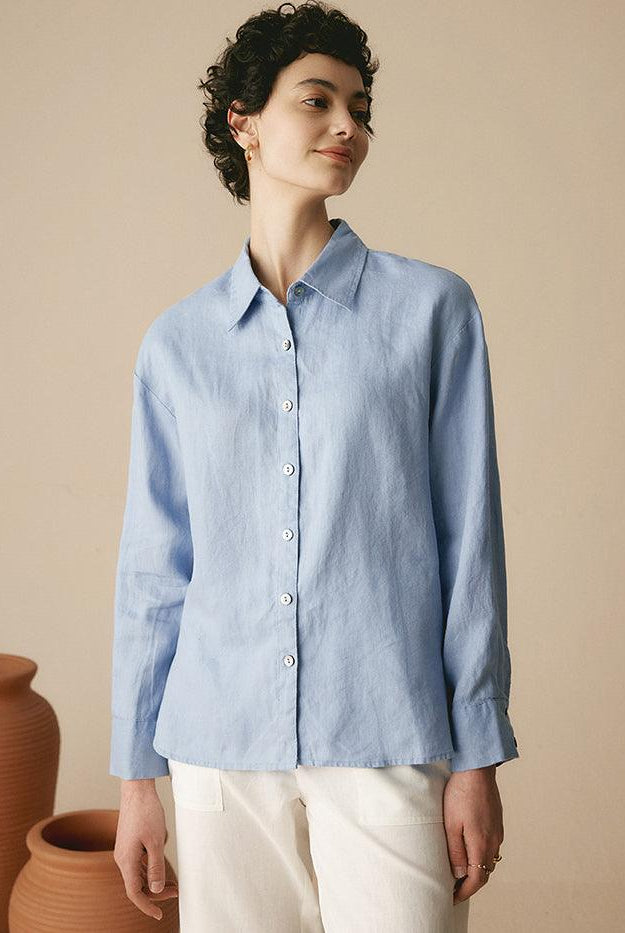 100% Linen Classic Leisure Shirt Azure - TOPS-Linen Button Down Shirts