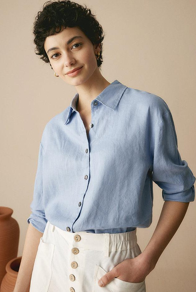 100% Linen Classic Leisure Shirt Azure - TOPS-Linen Button Down Shirts
