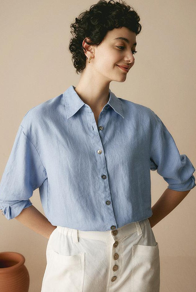 100% Linen Classic Leisure Shirt Azure - Periwinkle / XS - TOPS-Linen Button Down Shirts
