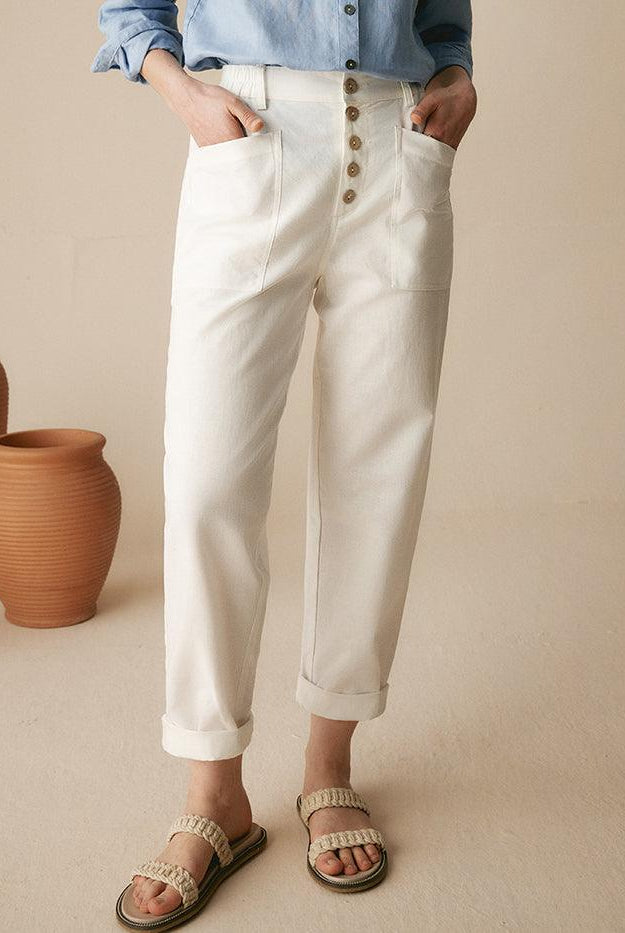 HEIDI Linen Simple Button Fly Trousers - Optic White / XS - BOTTOMS-Linen Pants