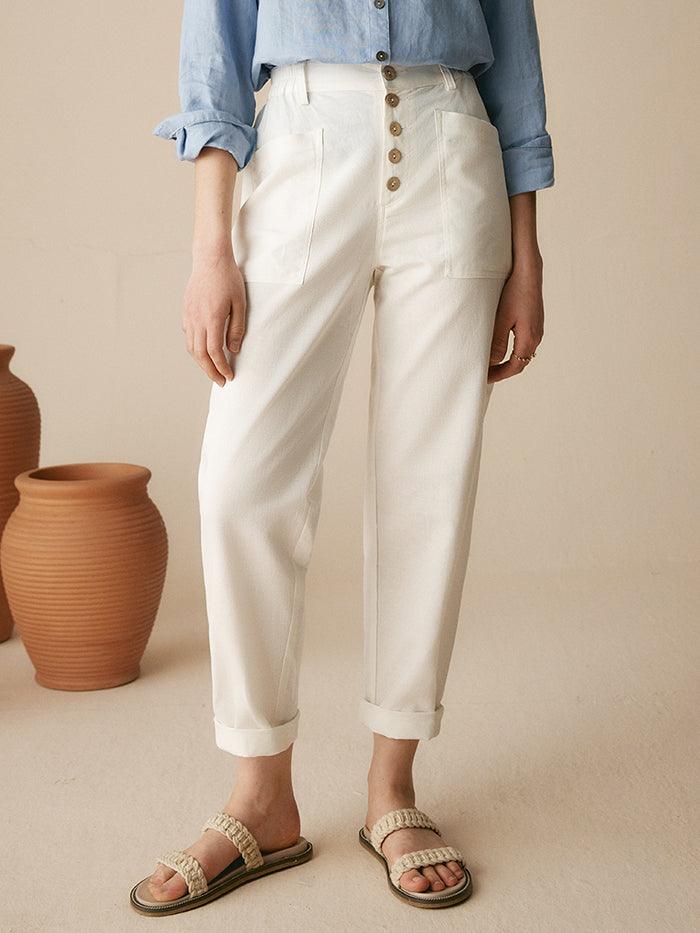 Linen Simple Button Fly Trousers HEIDI - BOTTOMS-Linen Pants