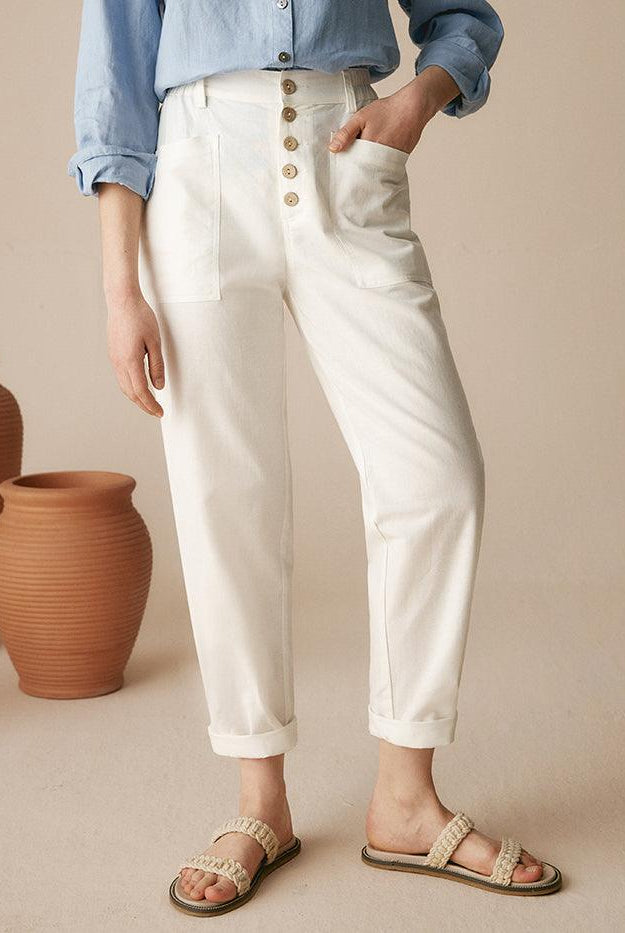 HEIDI Linen Simple Button Fly Trousers - BOTTOMS-Linen Pants