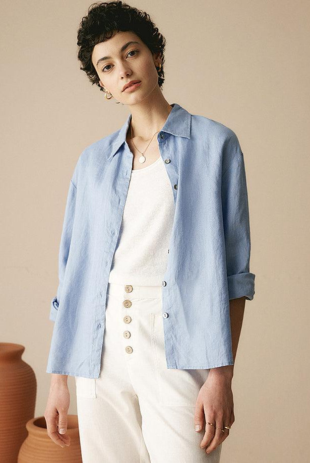 100% Linen Classic Leisure Shirt Azure - TOPS-Linen Button Down Shirts