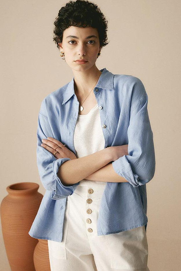 100% Linen Classic Leisure Shirt Azure - TOPS-Linen Button Down Shirts