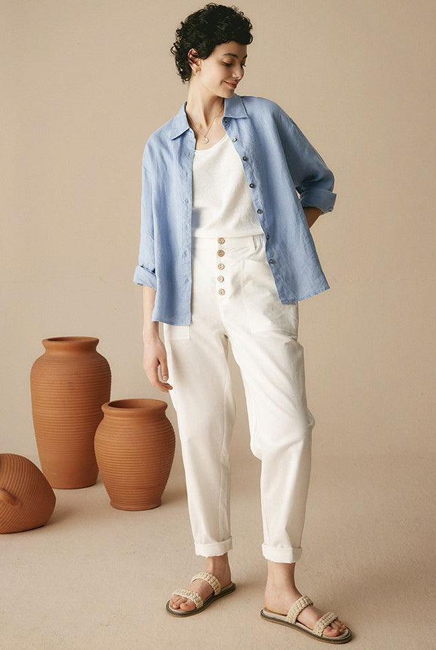 100% Linen Classic Leisure Shirt Azure - TOPS-Linen Button Down Shirts