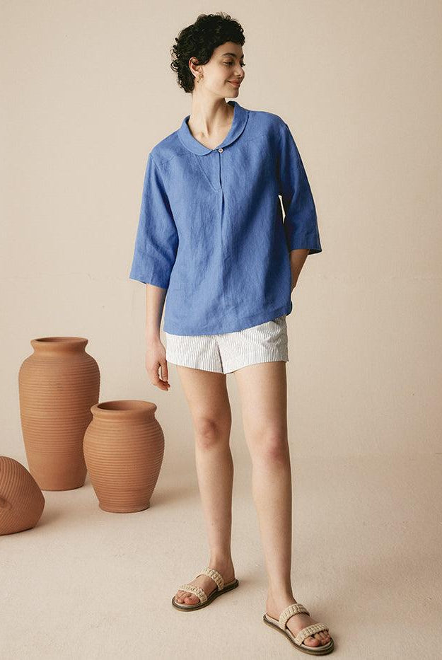 JADE 100% Linen Shawl V-Neck Half Sleeve Top - TOPS-Linen Blouses