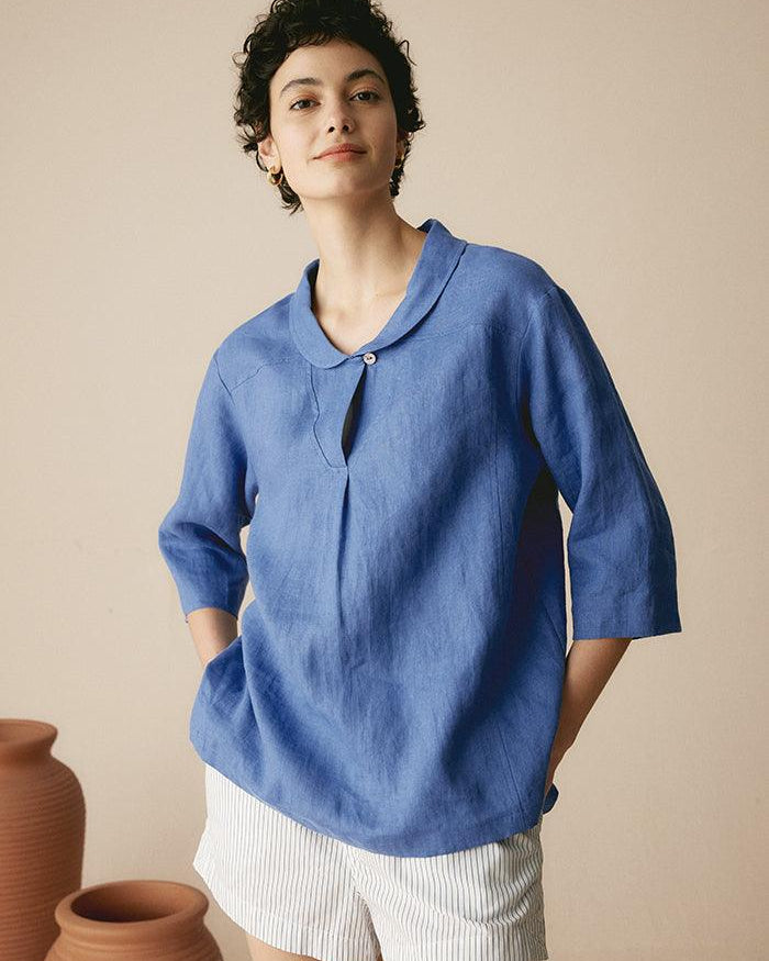 JADE 100% Linen Shawl V-Neck Half Sleeve Top - Denim Blue / XS - TOPS-Linen Blouses