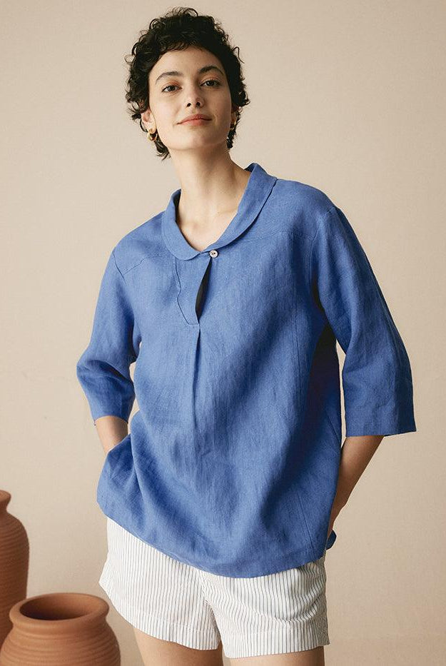 JADE 100% Linen Shawl V-Neck Half Sleeve Top - Denim Blue / S - TOPS-Linen Blouses
