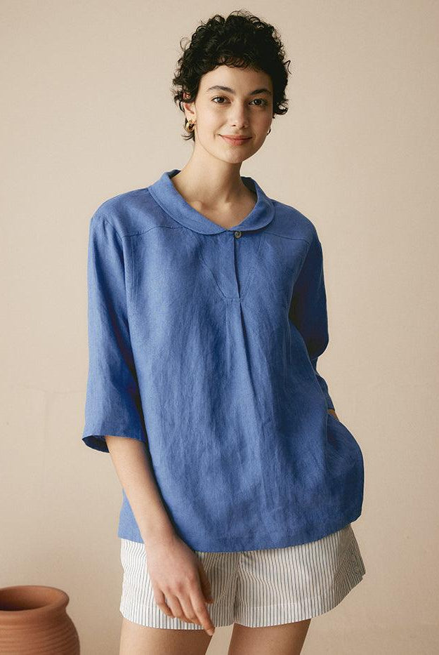 JADE 100% Linen Shawl V-Neck Half Sleeve Top - TOPS-Linen Blouses
