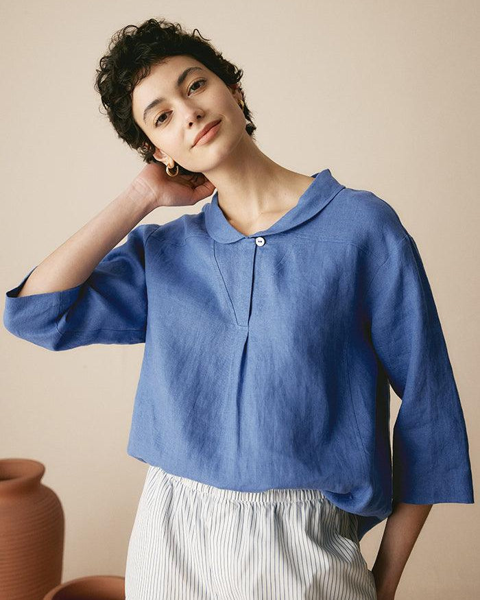 100% Linen Stripe Shawl V-Neck Half Sleeve Top - TOPS-Linen Blouses