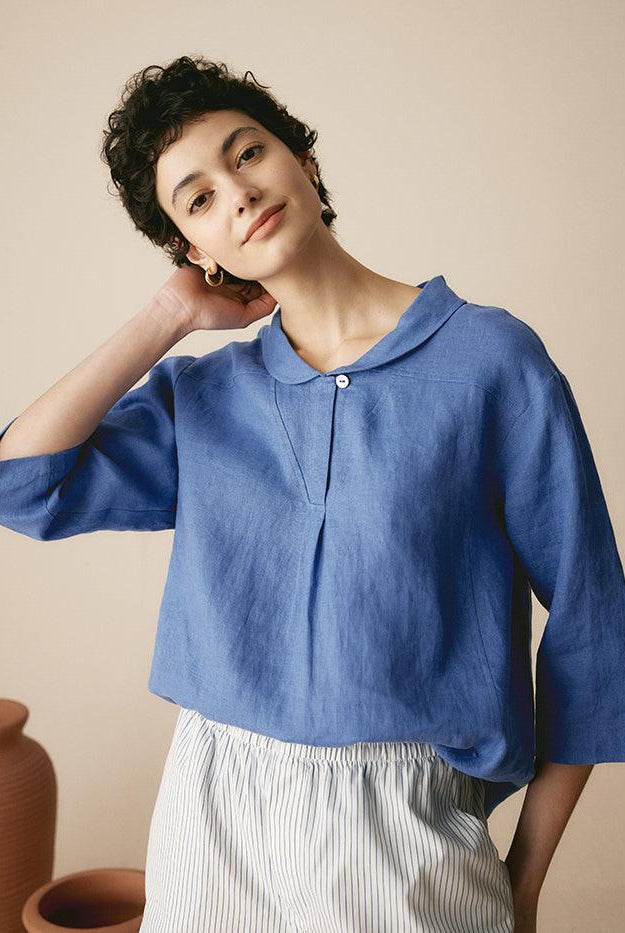 JADE 100% Linen Shawl V-Neck Half Sleeve Top - TOPS-Linen Blouses