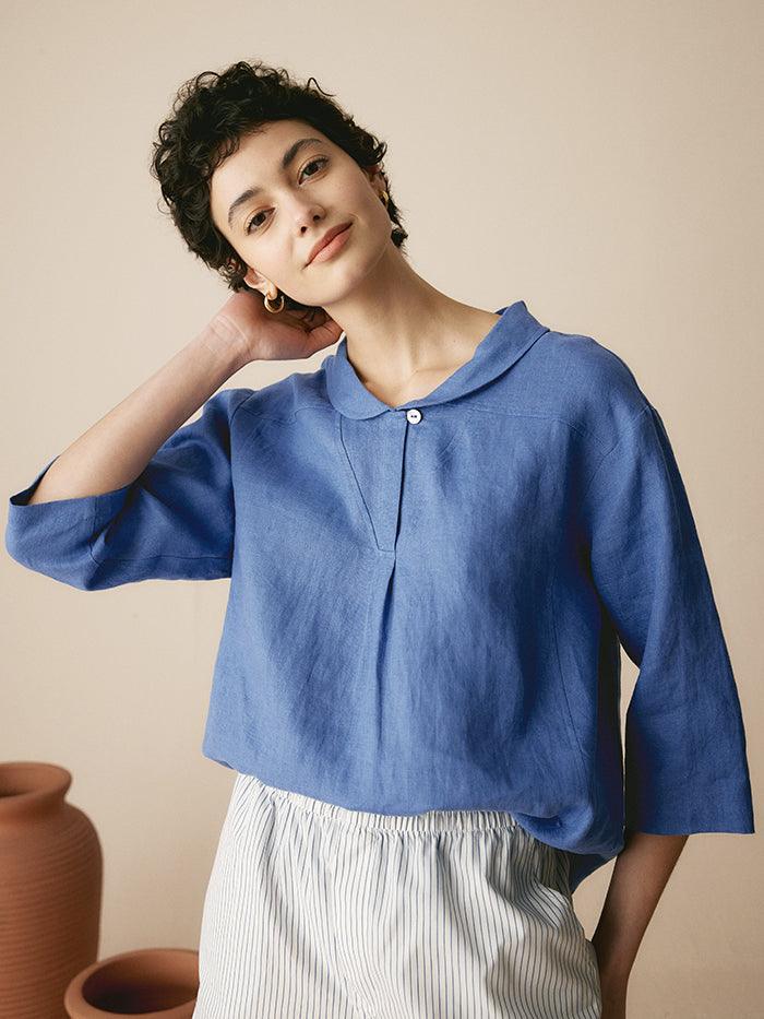 JADE 100% Linen Shawl V-Neck Half Sleeve Top - TOPS-Linen Blouses