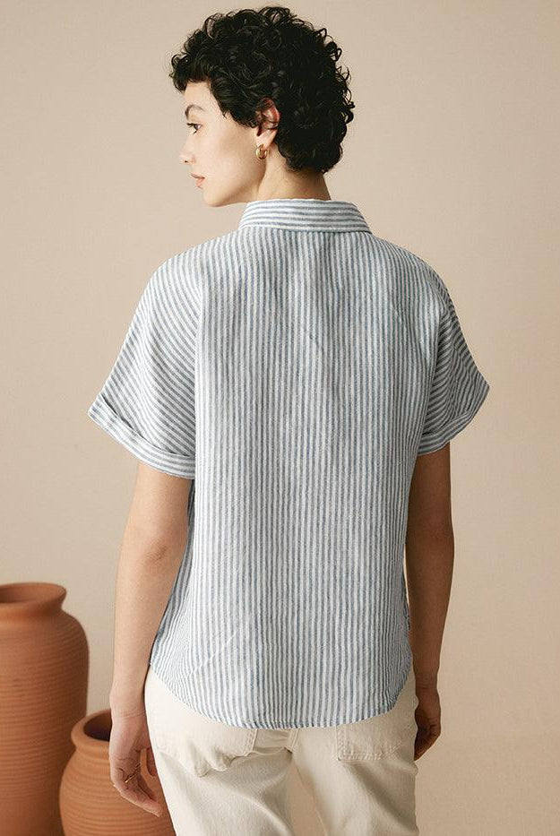 100% Linen Striped Classic Button-Front Shirt - TOPS-Linen Button Down Shirts
