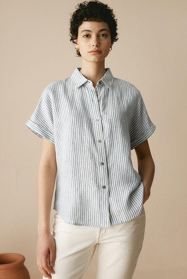 100% Linen Striped Classic Button-Front Shirt - TOPS-Linen Button Down Shirts