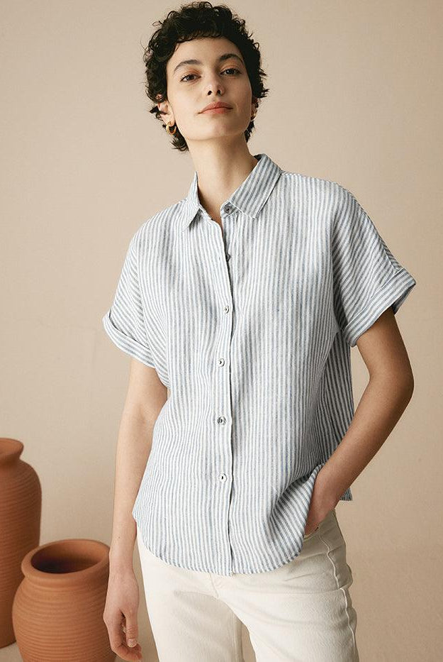 100% Linen Striped Classic Button-Front Shirt - TOPS-Linen Button Down Shirts
