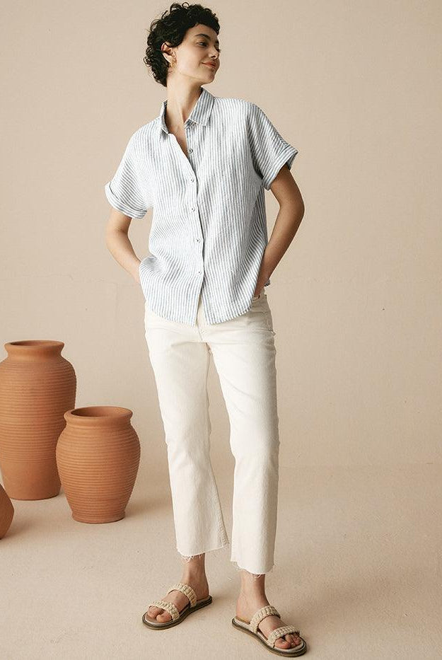 100% Linen Striped Classic Button-Front Shirt - TOPS-Linen Button Down Shirts