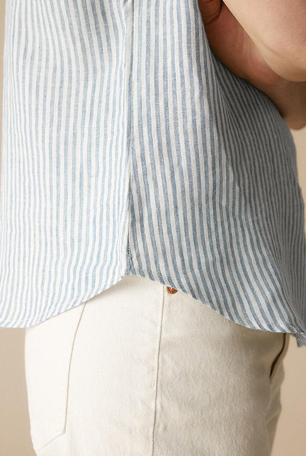 100% Linen Striped Classic Button-Front Shirt - TOPS-Linen Button Down Shirts