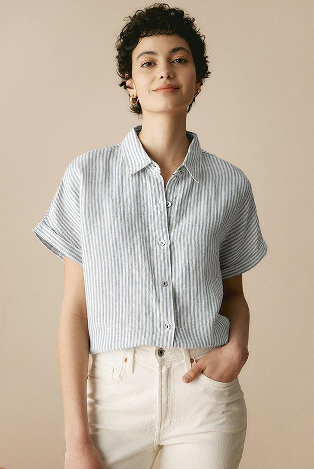 100% Linen Striped Classic Button-Front Shirt - Blue Stripe / S - TOPS-Linen Button Down Shirts