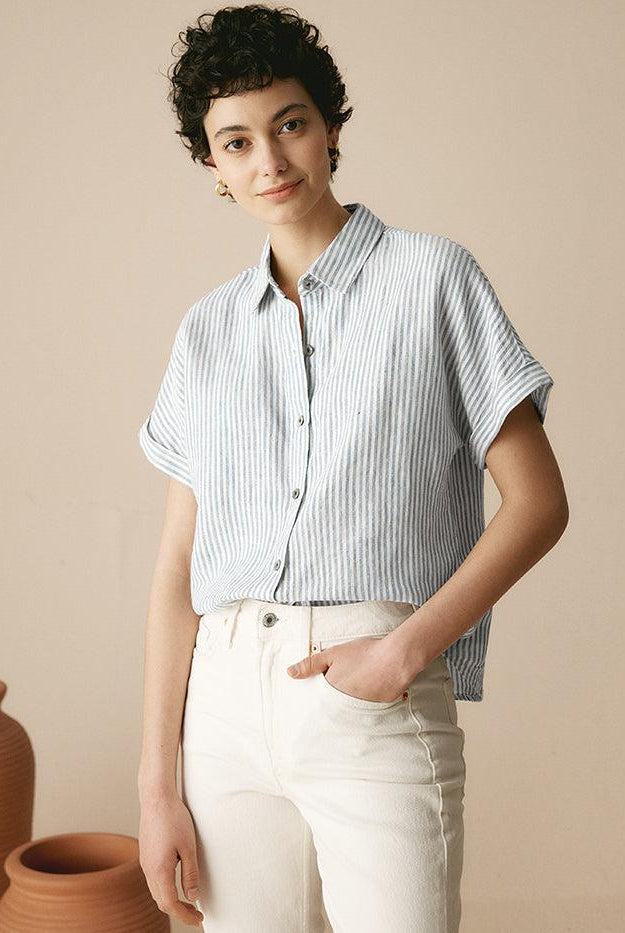 100% Linen Striped Classic Button-Front Shirt - TOPS-Linen Button Down Shirts