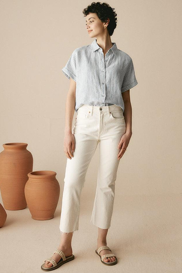 100% Linen Striped Classic Button-Front Shirt - TOPS-Linen Button Down Shirts