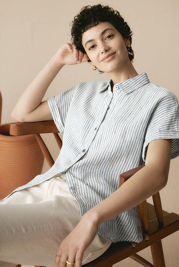 100% Linen Striped Classic Button-Front Shirt - TOPS-Linen Button Down Shirts