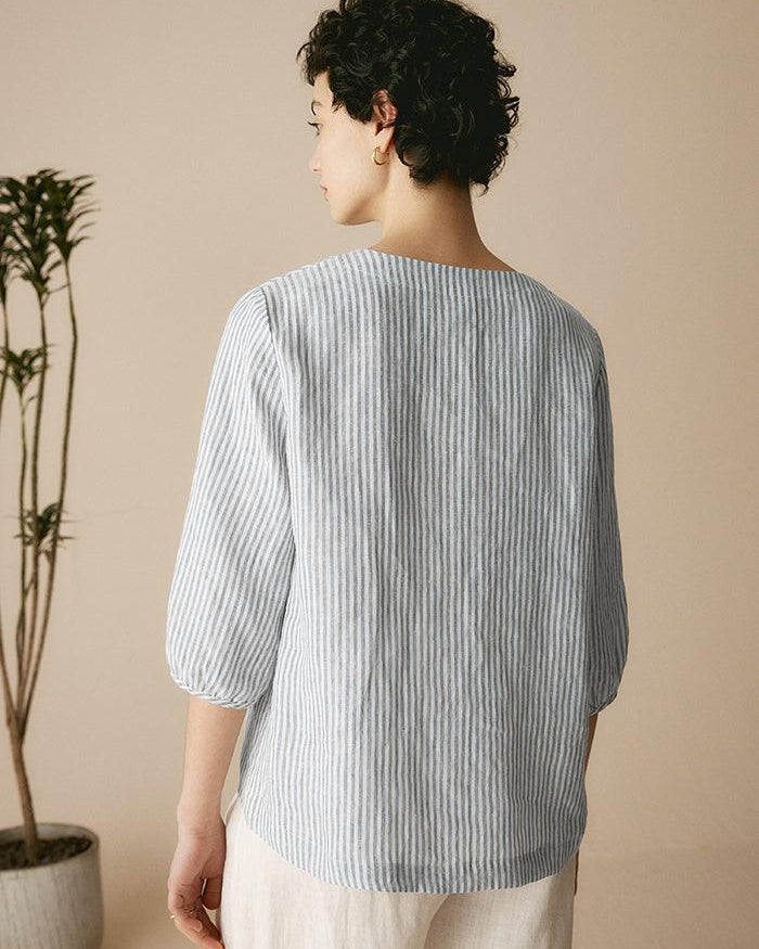 100% Linen Puff Sleeves Top - TOPS-Linen Blouses