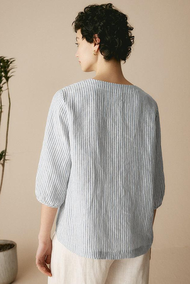100% Linen Striped Puff Sleeves Top - TOPS-Linen Blouses