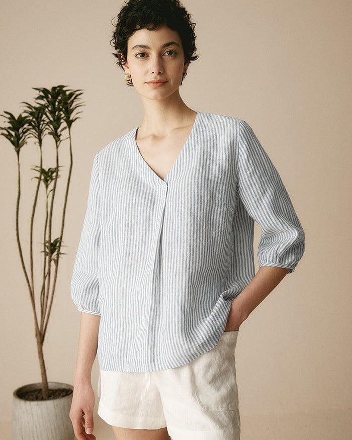 100% Linen Puff Sleeves Top - Stripe / S - TOPS-Linen Blouses