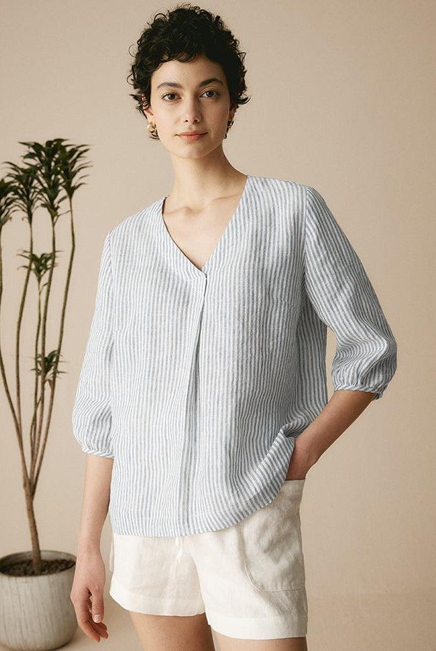 100% Linen Puff Sleeves Top - Stripe / S - TOPS-Linen Blouses