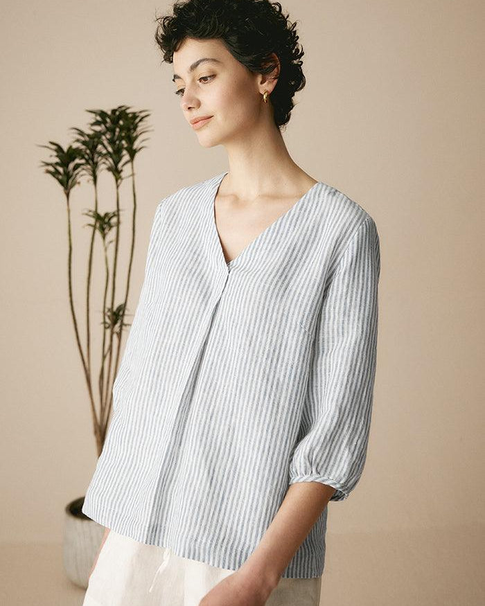 100% Linen Puff Sleeves Top - TOPS-Linen Blouses