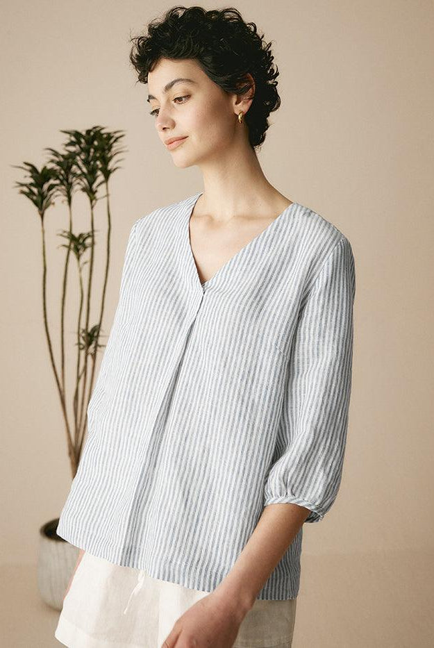 100% Linen Puff Sleeves Top - TOPS-Linen Blouses