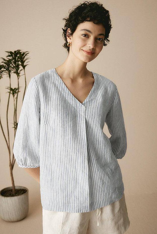 100% Linen Striped Puff Sleeves Top - TOPS-Linen Blouses