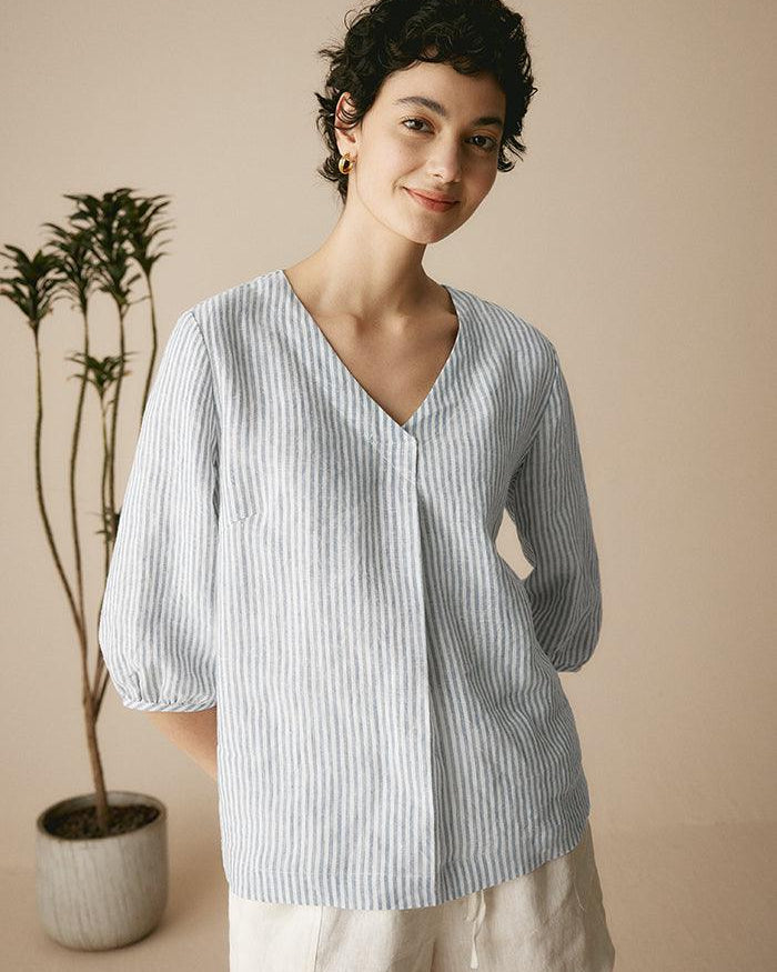 100% Linen Puff Sleeves Top - TOPS-Linen Blouses