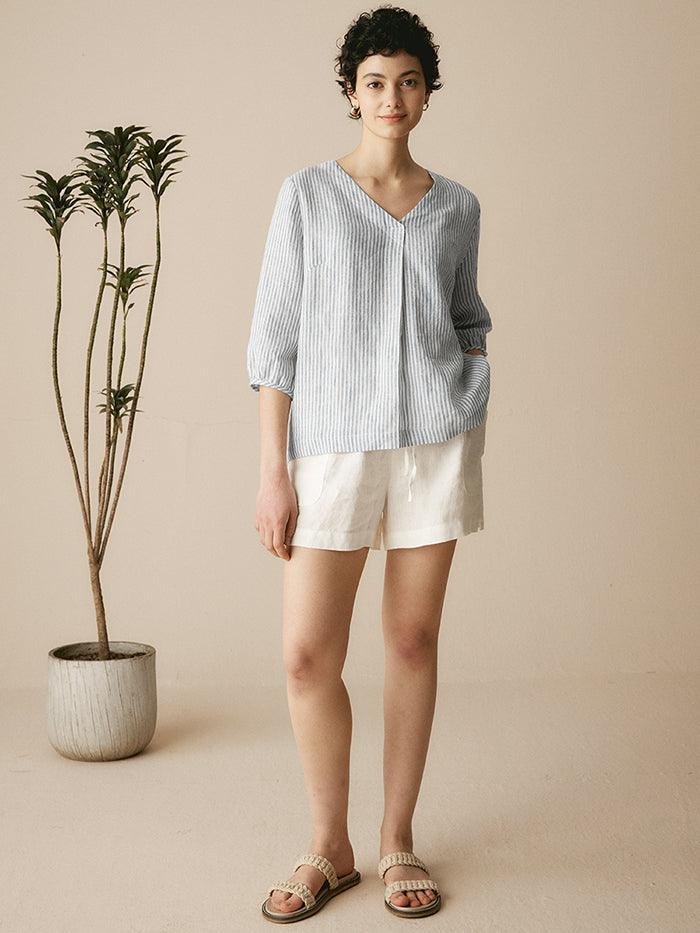 100% Linen Striped Puff Sleeves Top - TOPS-Linen Blouses