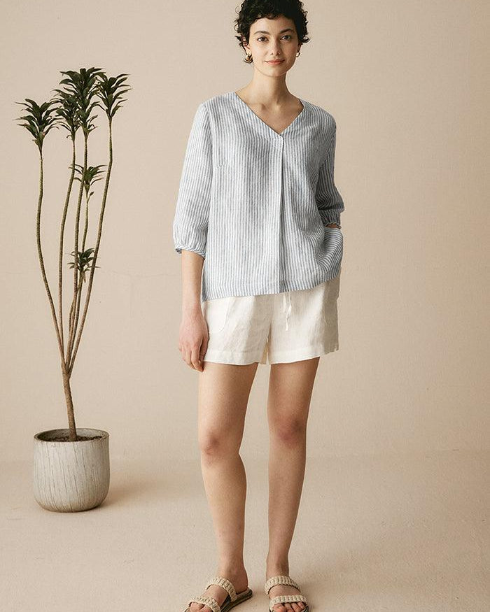 100% Linen Puff Sleeves Top - TOPS-Linen Blouses